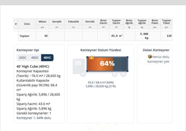 İhracat proforma ve konteyner hesaplama ekranı