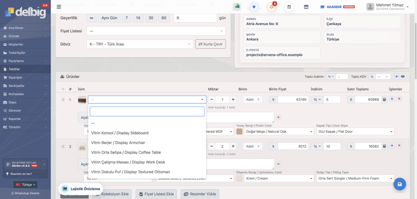 Mobilya CRM ürün seçimi ve teklif ekranı