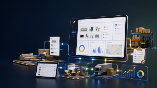 Mobilya sektöründe teklif, sipariş, stok, B2B ve sevkiyat akışını gösteren Delbig CRM görseli